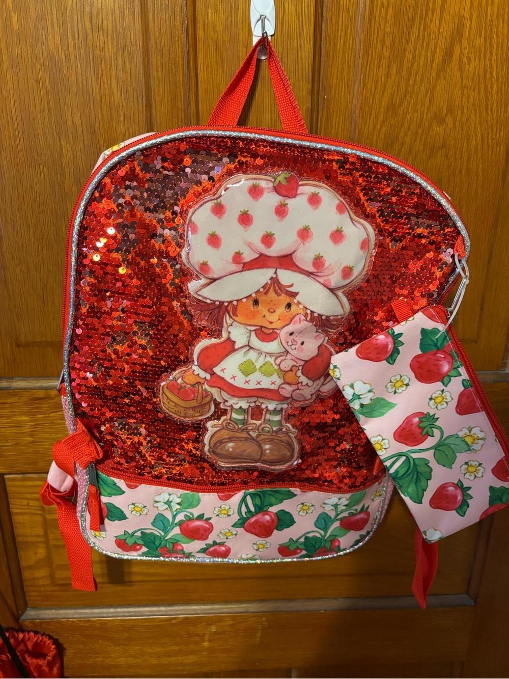 Girls Sequin Strawberry Backpack with Matching Pouch - Red Pink
